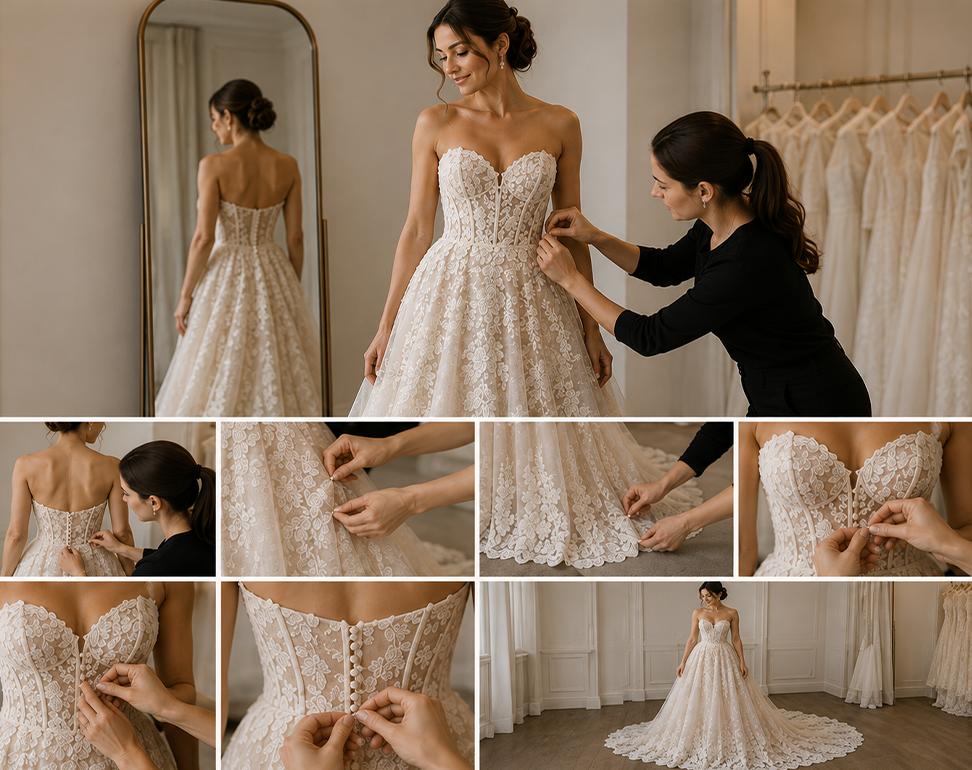 Bride having a custom wedding dress fitting with bridal alterations and final gown adjustments