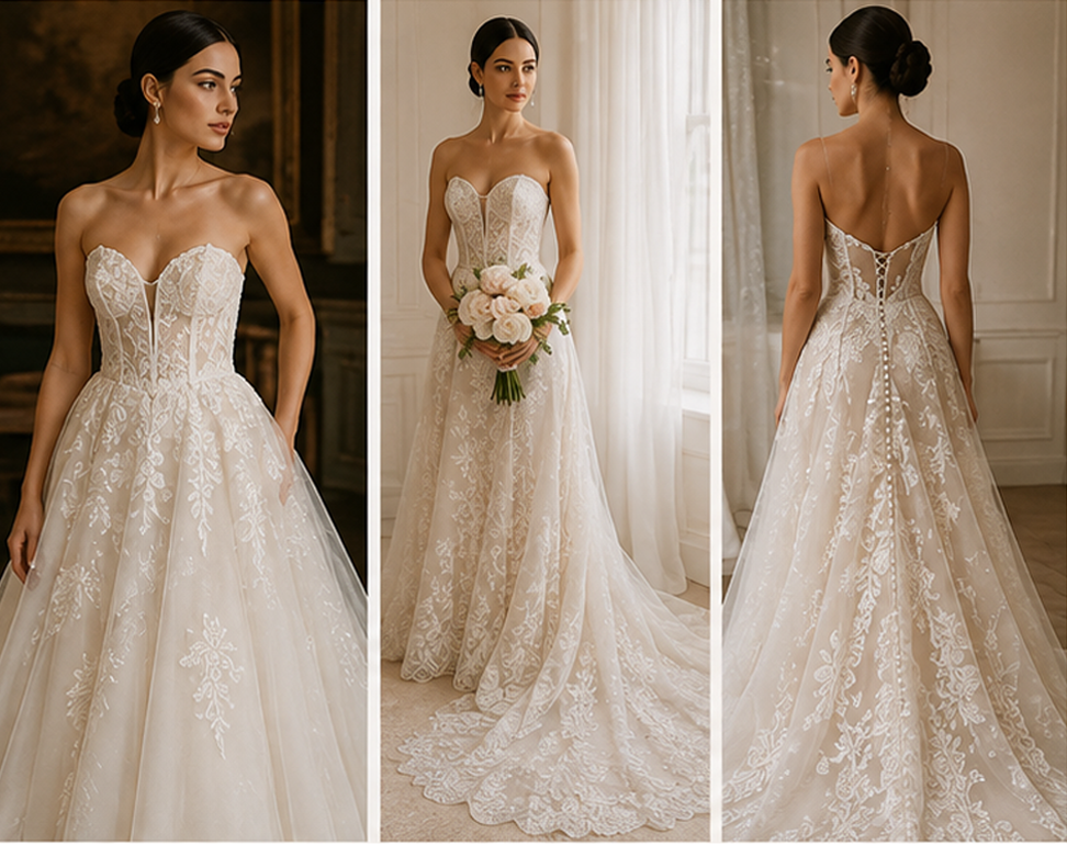Custom wedding dress inspiration showing lace gown silhouettes, neckline and back design details