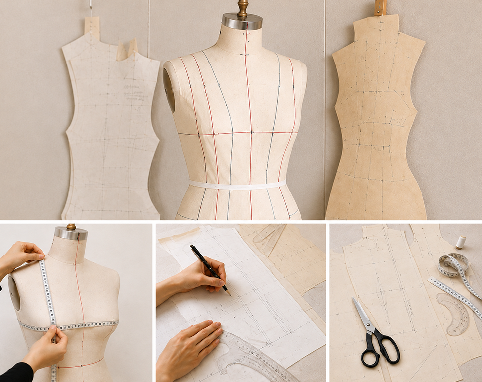 Custom wedding dress pattern making with measurements, dress forms and hand-drafted bridal patterns