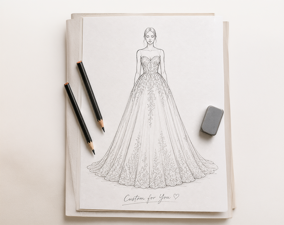 Custom wedding dress pencil sketch showing a detailed bridal gown design