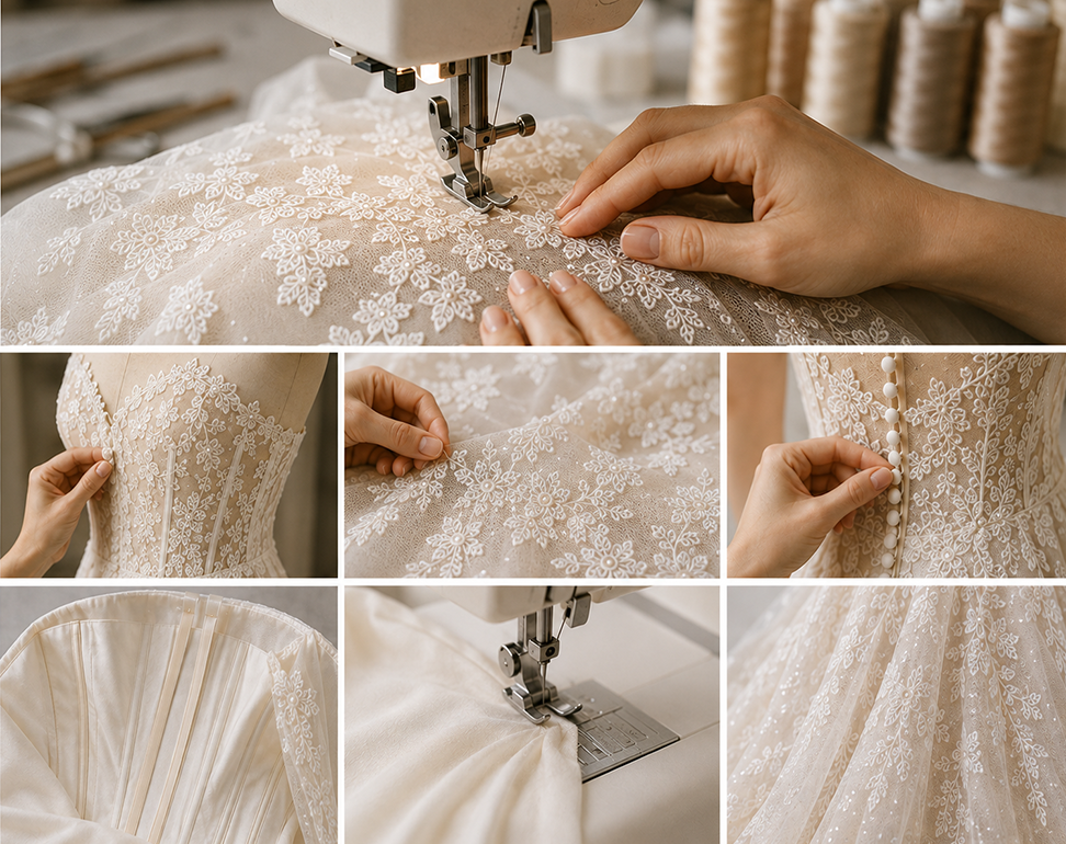 Custom wedding dress sewing and construction with lace appliqué, corset details and bridal gown craftsmanship