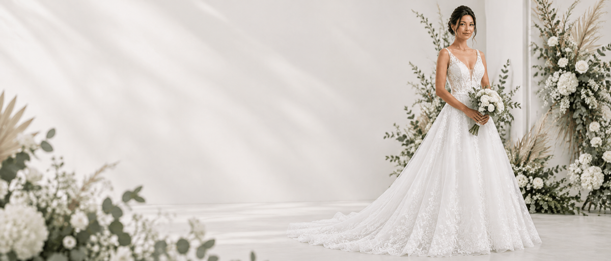 Bride wearing an elegant sample sale wedding gown at an Ottawa bridal boutique