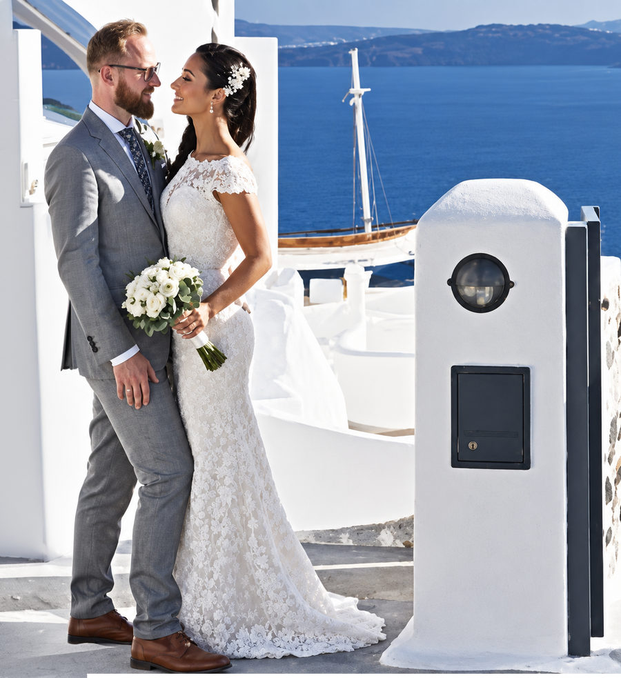 Poshfair bride wearing a lace wedding dress with her groom
