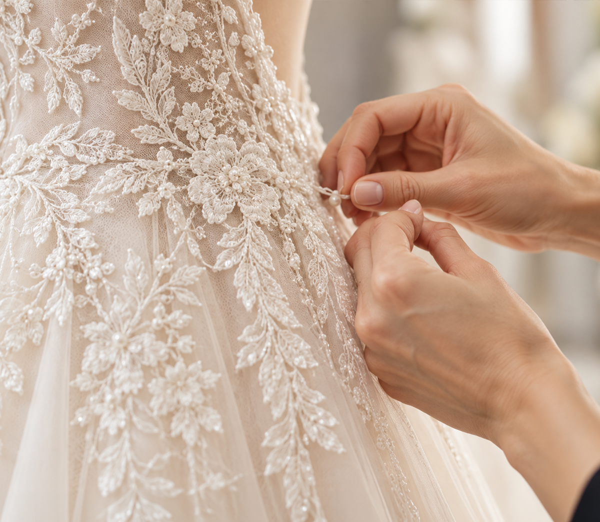 Wedding dress alterations with detailed lace adjustments at an Ottawa bridal boutique