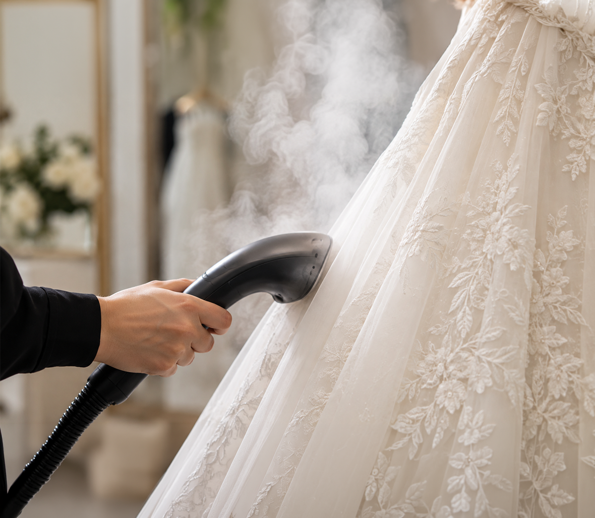 Wedding dress steaming service preparing a bridal gown at an Ottawa bridal boutique