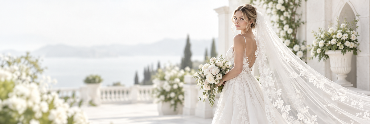 Bride wearing a long lace wedding veil from an Ottawa bridal boutique