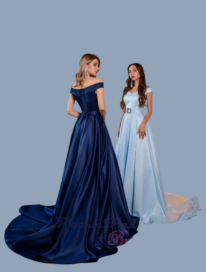 Satin prom dress in navy blue and baby blue with sparkly belt buckle and lace up back,  Poshfair Bridal, Orleans, Ontario, prom evening dress