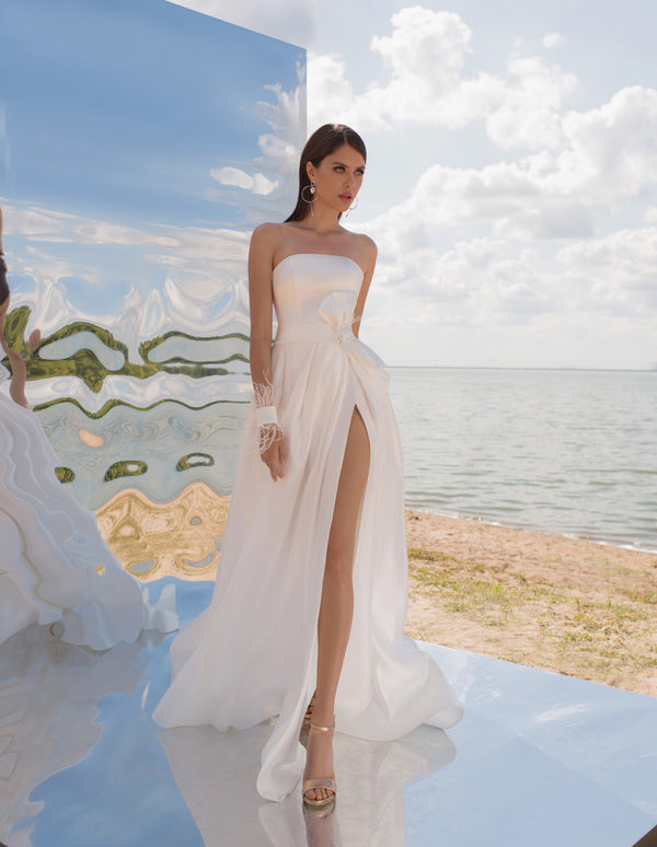 White Prom Dress Short Sleeve Sexy Slit Casual Cheap Beach Wedding Dresses  OHD272 - ShopperBoard