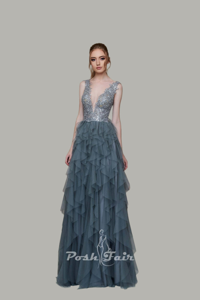 Aline plunging V neckline tulle lace evening dress with layered skirt in soft tulle and lace applique details.