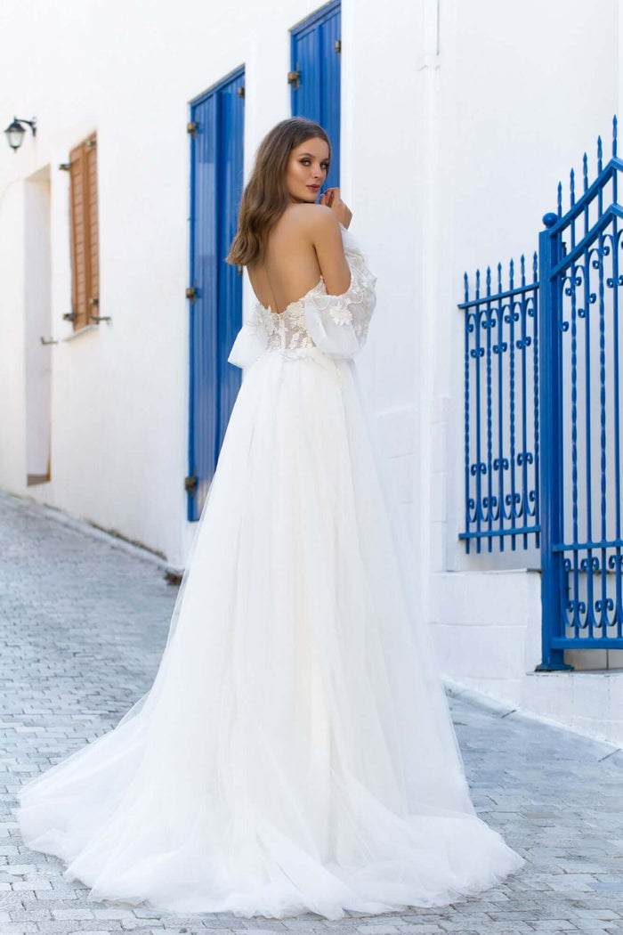 tulle lace wedding dress, off the shoulder wedding dress, off the shoulder sleeves, bridal store near me, bridal store orleans, aline wedding dress