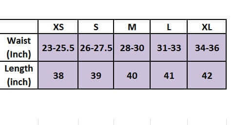 Size chart for Mermaid Petticoat showing XS to XL waist and length measurements in inches.