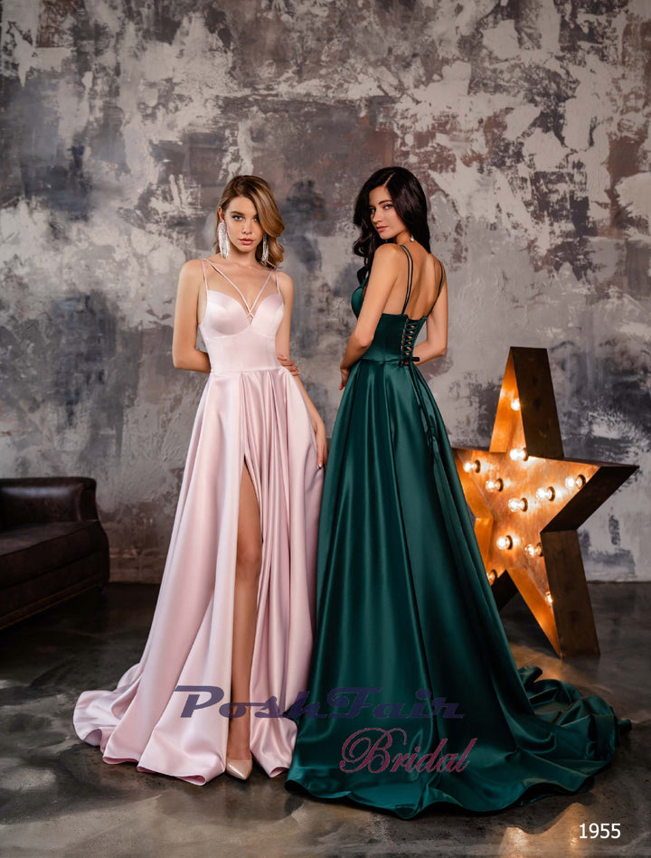 Pink, Teal Aline satin prom dress with thin straps, slit, and pockets
