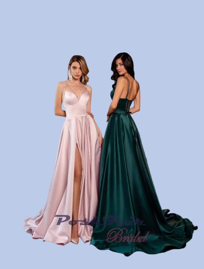 Pink, Teal Aline satin prom dress with thin straps, slit, and pockets, prom evening dress