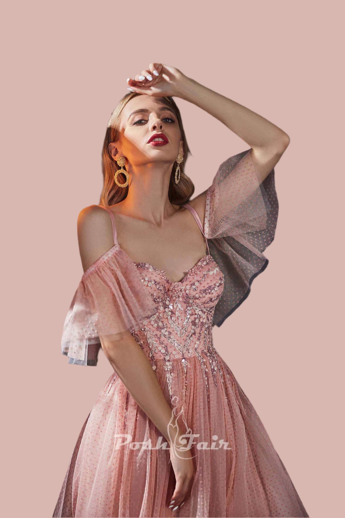Aline sweetheart neckline tulle evening dress in soft polka dot tulle with spaghetti straps and elegant sleeves.