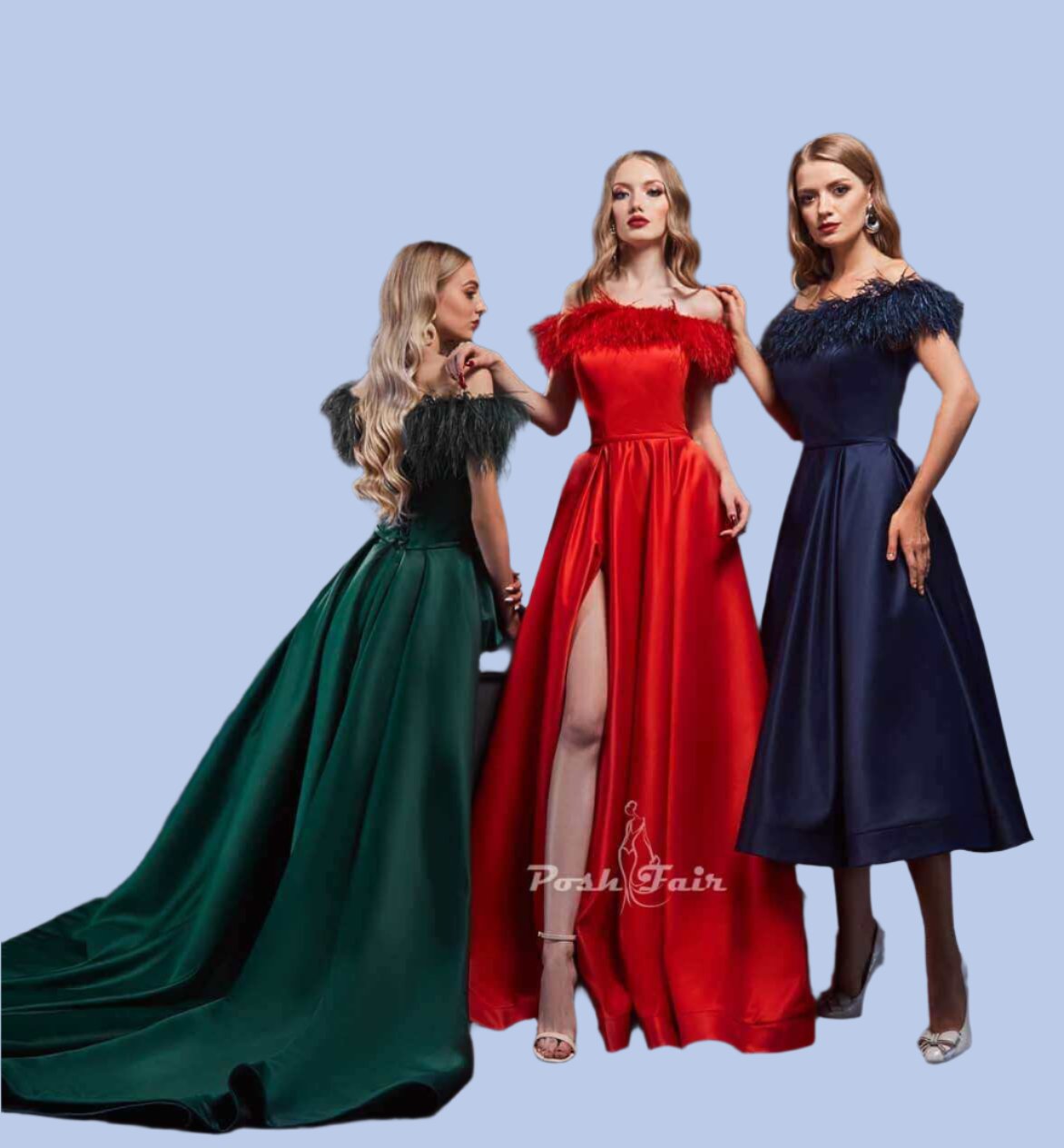 Three models wearing satin evening dresses in green, red, and navy with feather decor and stylish slits.