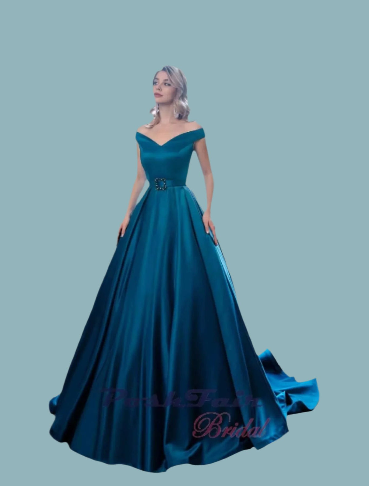 Satin prom dress in blue with sparkly belt buckle,  Poshfair Bridal, Orleans, Ontario, prom evening dress