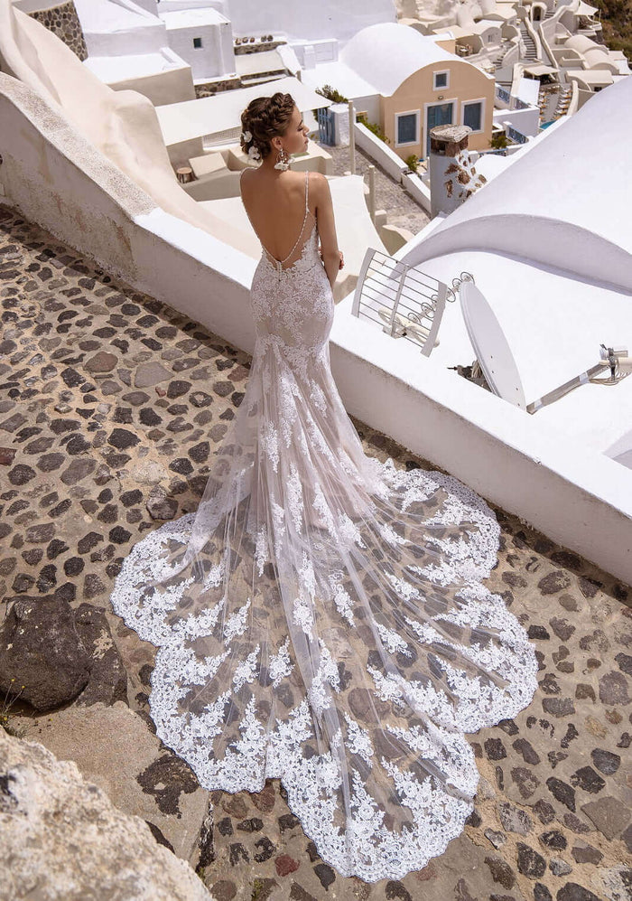 wedding dress with cathedral train, lace wedding dress ottawa, online wedding dresses Canada, ontario bridal shops,  mermaid wedding dress
