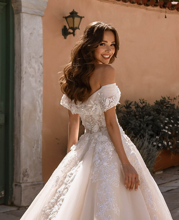 White Embroidered Long Off Shoulder Mesh Wedding Gown for $596.99