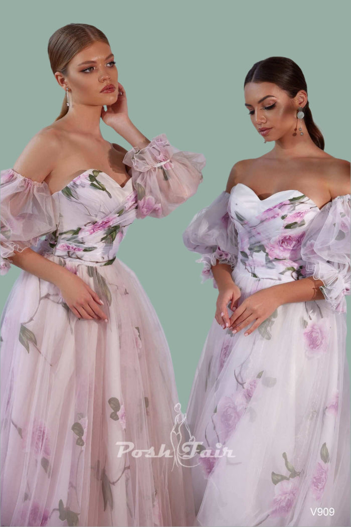 Aline evening dress with floral tulle and organza fabric, featuring removable sleeves and a built-in corset.