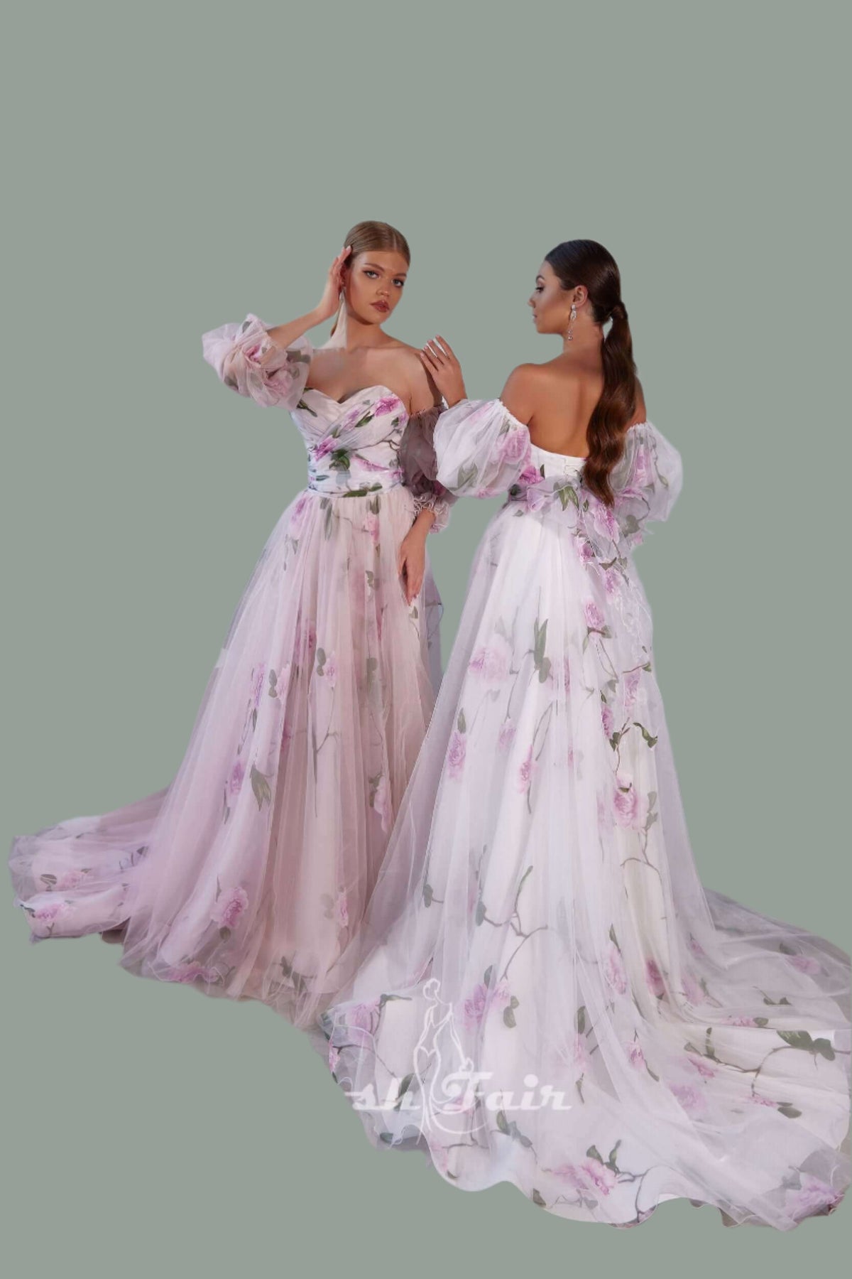 Aline evening dress in floral tulle organza with removable puffy sleeves, shown on two models.