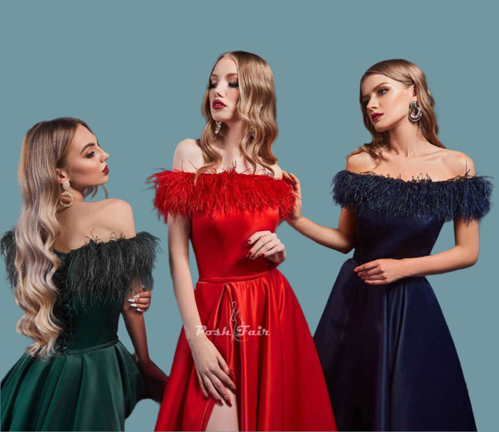 Three models showcasing satin evening dress with feather decor in green, red, and navy colors.