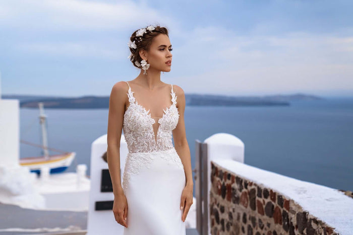 plunging neckline wedding dress, plunging neckline, wedding dress low back, wedding dresses with low back,  fit and flare wedding dress