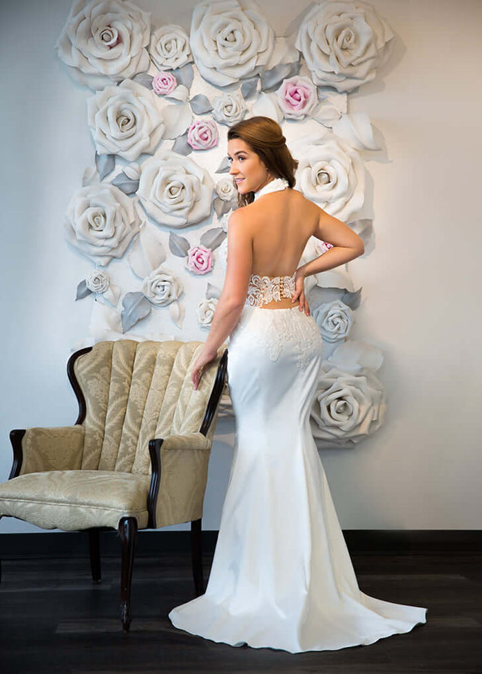 bridal shop in ottawa, halter neckline, fit and flare wedding dress, form fitting wedding dress with train, fit and flare wedding dress