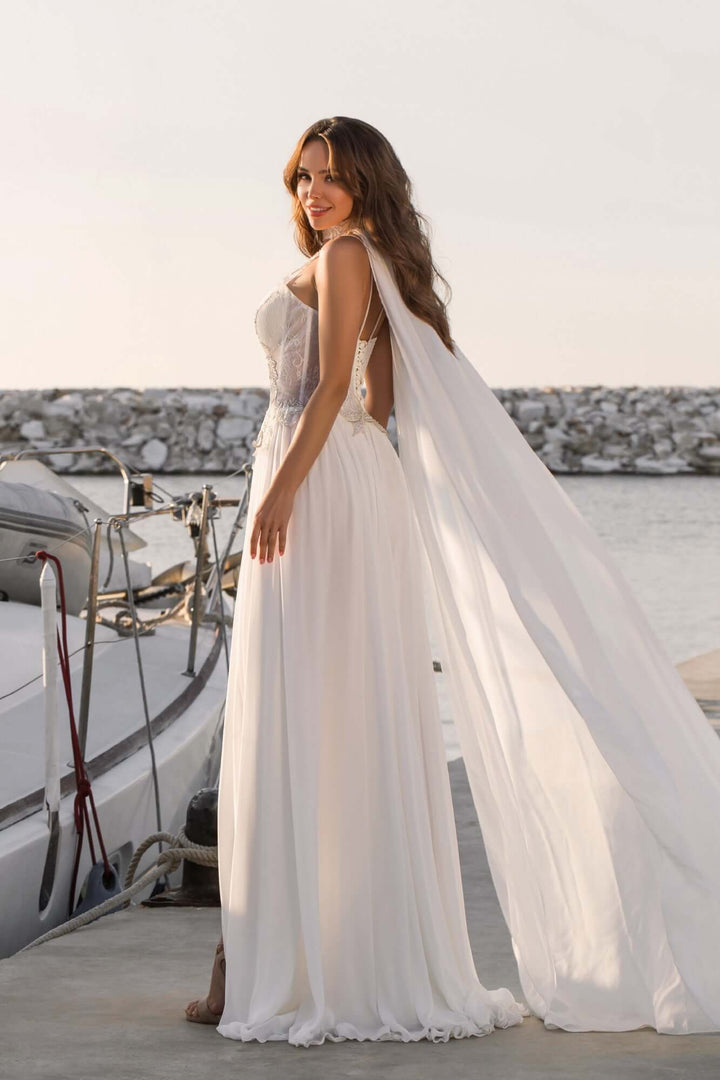 boho wedding dresses, aline dress, aline wedding dress, plunging neckline wedding dress, plunging neckline, luxe bridal Algonquin, 