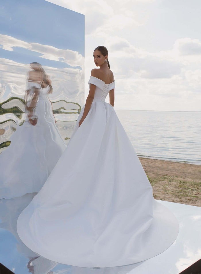 off the shoulder sleeves, off shoulder sleeves, off rack wedding dress, modest wedding dress, mikado wedding dress, aline wedding dress